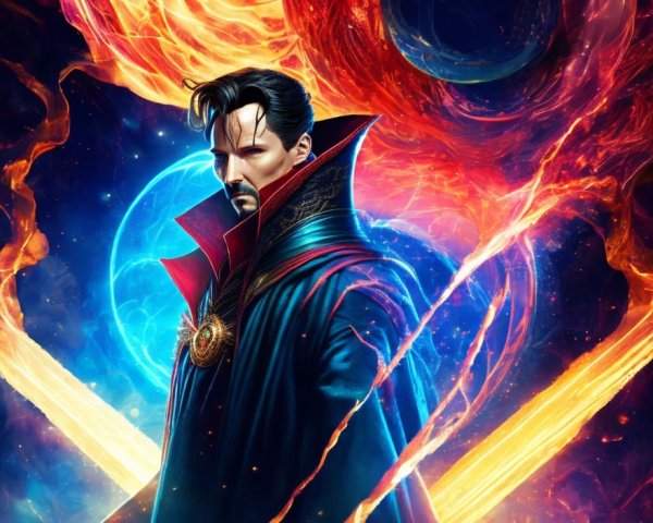 Superhero in blue and red costume with fiery cosmic backdrop