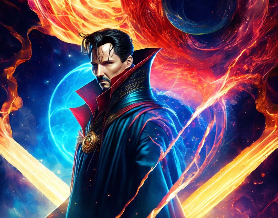 Superhero in blue and red costume with fiery cosmic backdrop