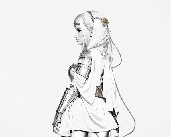 Blonde female character in medieval armor and white dress on white background