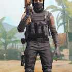 Person in black tactical outfit with prop weapon in grassy field