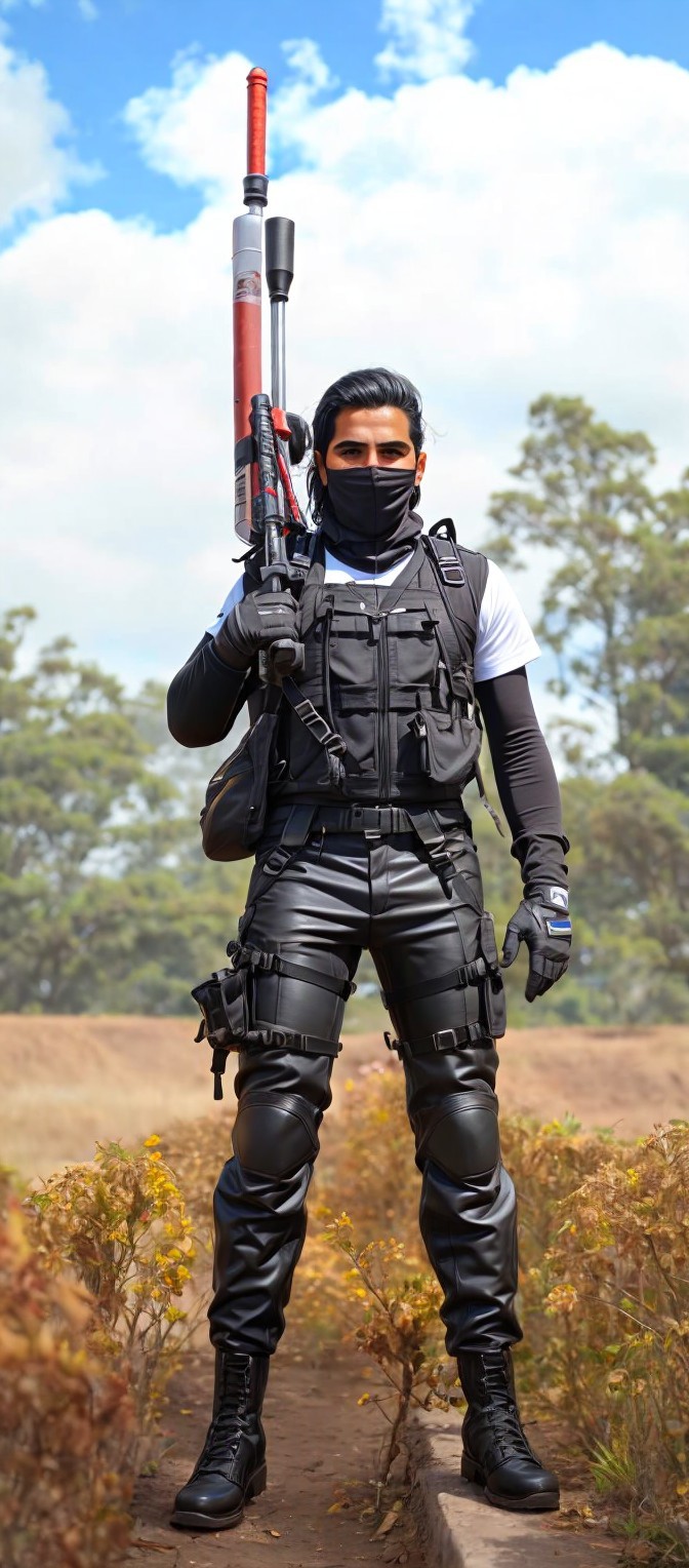 Person in black tactical outfit with prop weapon in grassy field