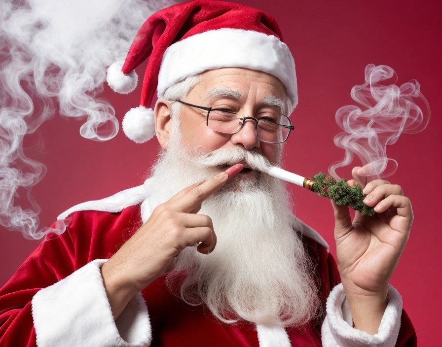 Santa Claus costume person holding smoking greenery on red background