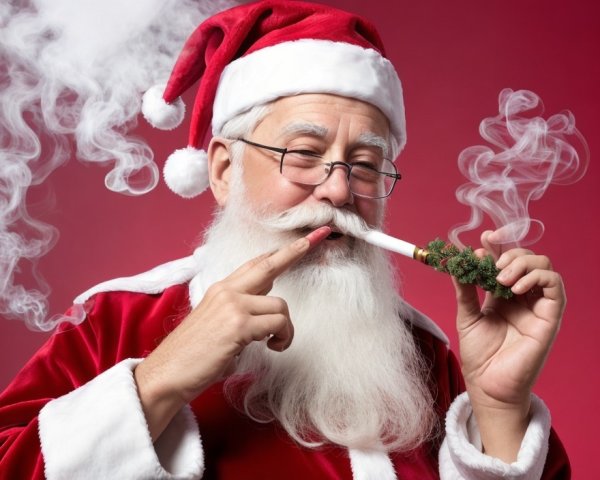 Santa Claus costume person holding smoking greenery on red background