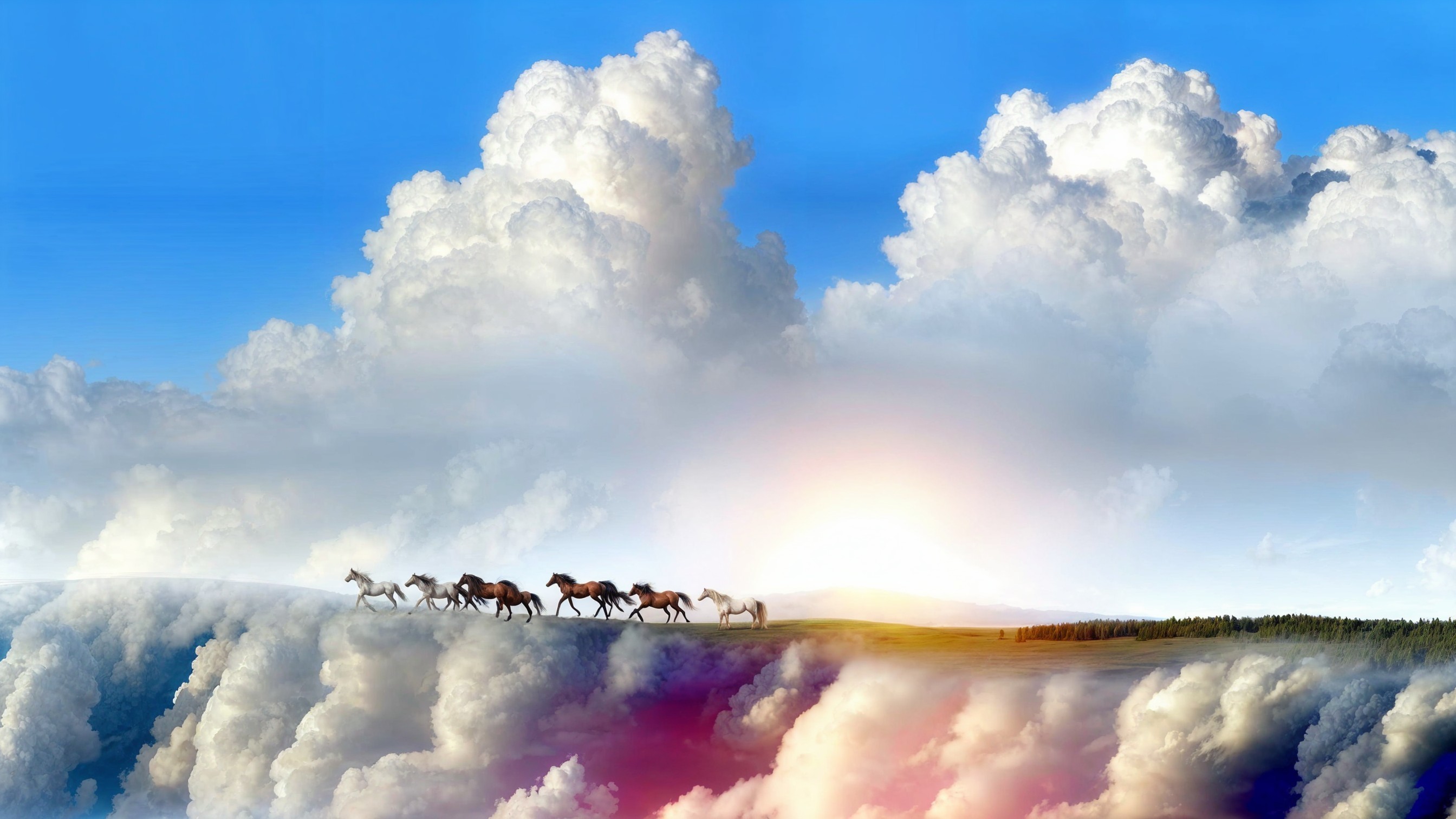 Surreal Landscape with Horses and Dreamy Sky
