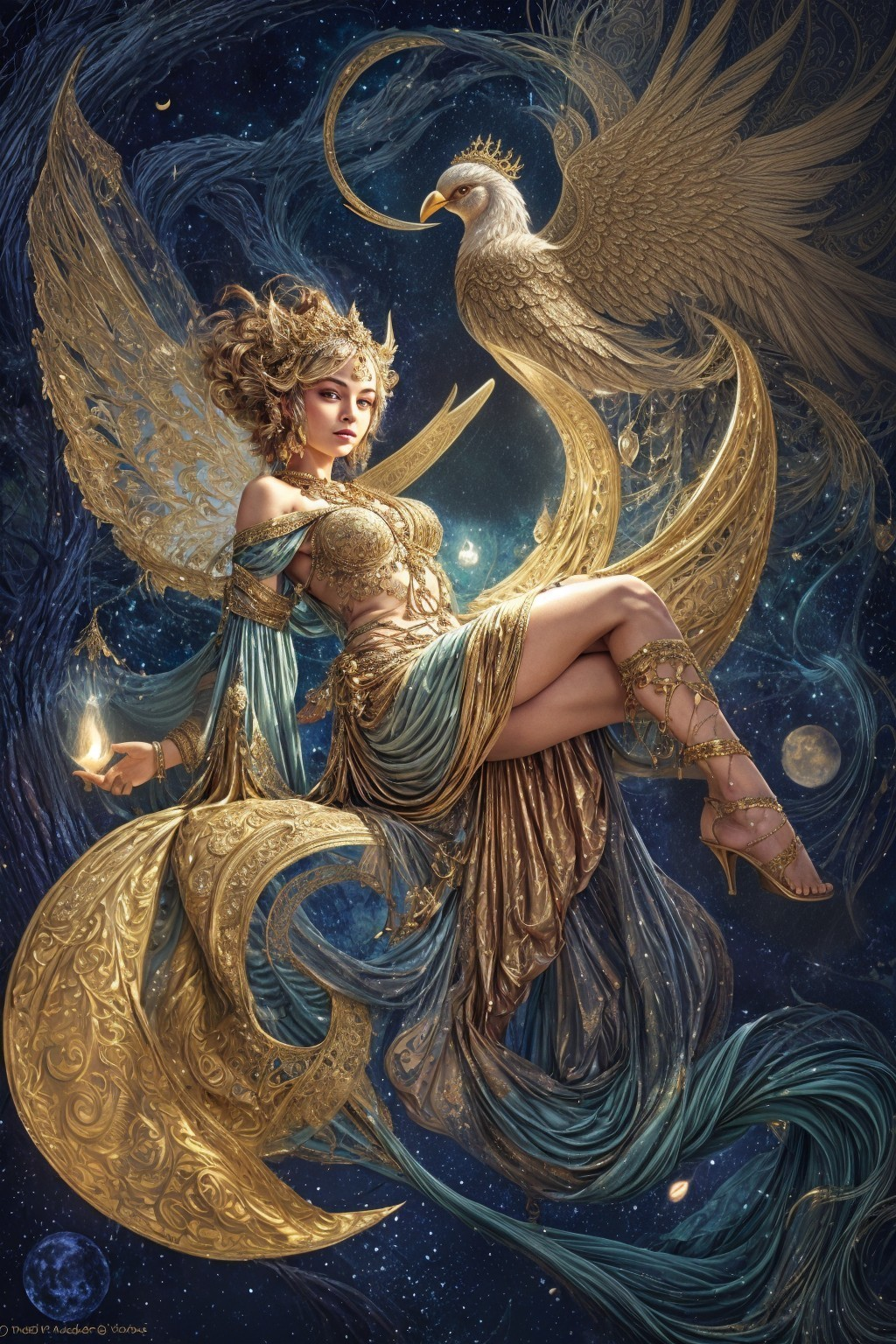 Celestial Figure in Golden Attire Amidst Cosmic Patterns