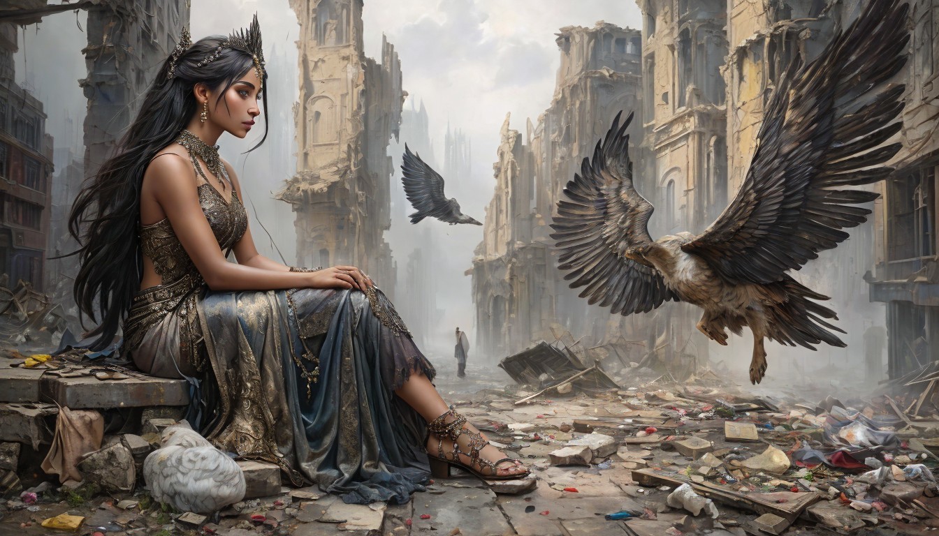 Regal Girl in Ruins with Eagles and Shadowy Figure