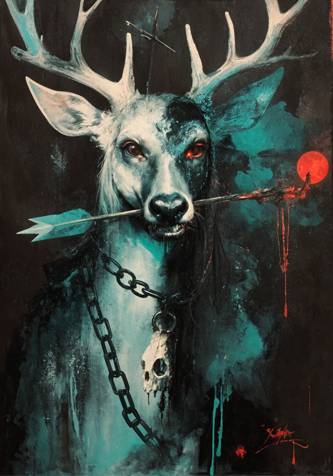 Artistic depiction of a deer with haunting features