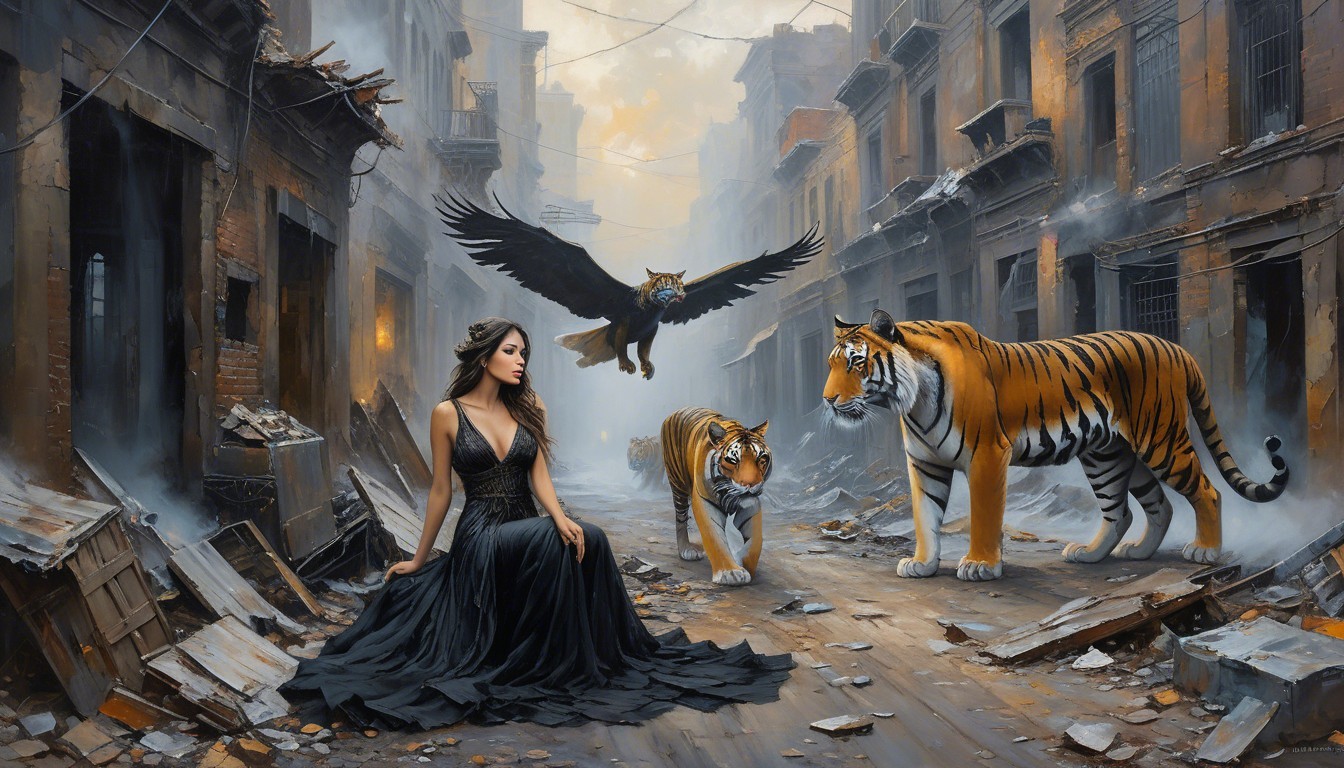 Woman in Black Gown Surrounded by Tigers and Eagle