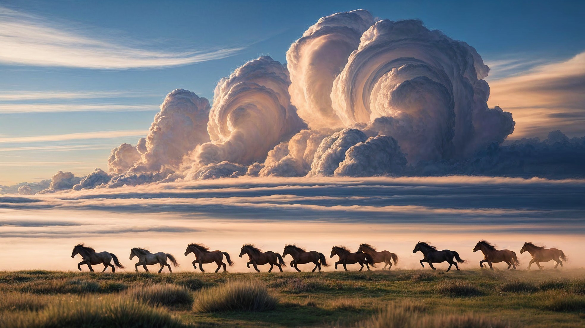 Horses Galloping Across Grassy Landscape at Sunset