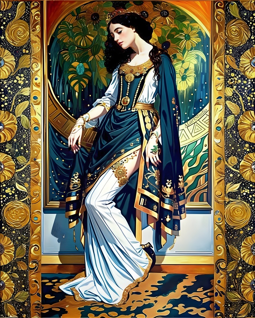 Regal Figure in Elegant Green and Gold Gown