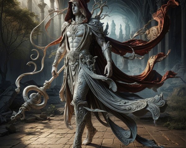 Majestic figure in ancient temple with ornate armor