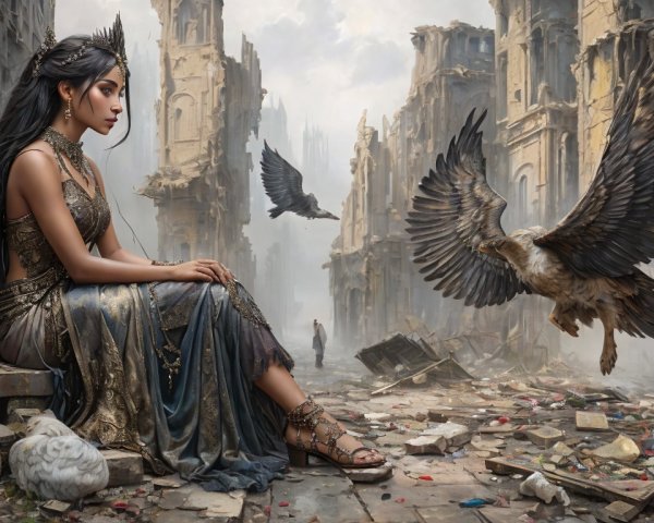Regal Girl in Ruins with Eagles and Shadowy Figure