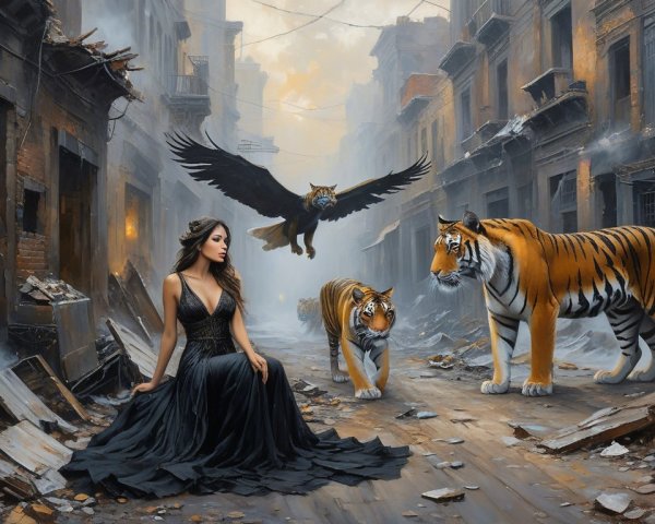 Woman in Black Gown Surrounded by Tigers and Eagle