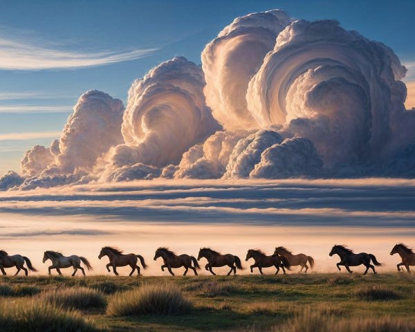 Horses Galloping Across Grassy Landscape at Sunset