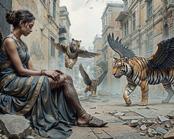 Woman in Ornate Dress Surrounded by Winged Tigers
