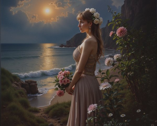 Young woman in cream dress by moonlit ocean