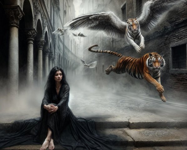 Solitary Woman on Steps with Winged Tigers Above