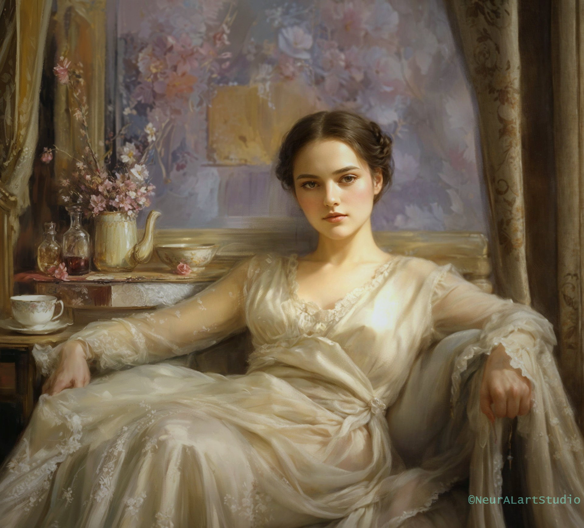 Young woman in elegant gown in softly lit room