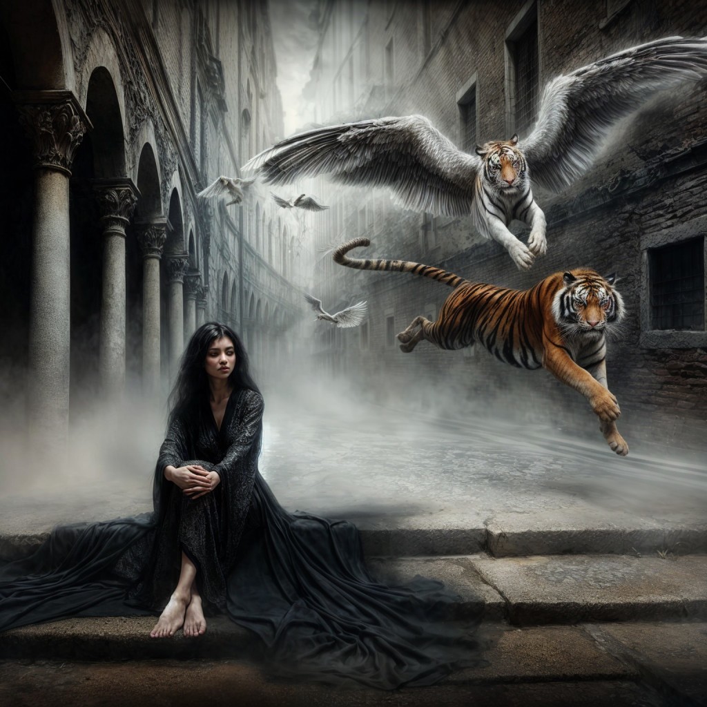 Solitary Woman on Steps with Winged Tigers Above