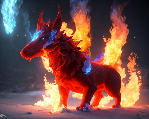 Red Dragon with Blue Glowing Eyes and Crystalline Spikes