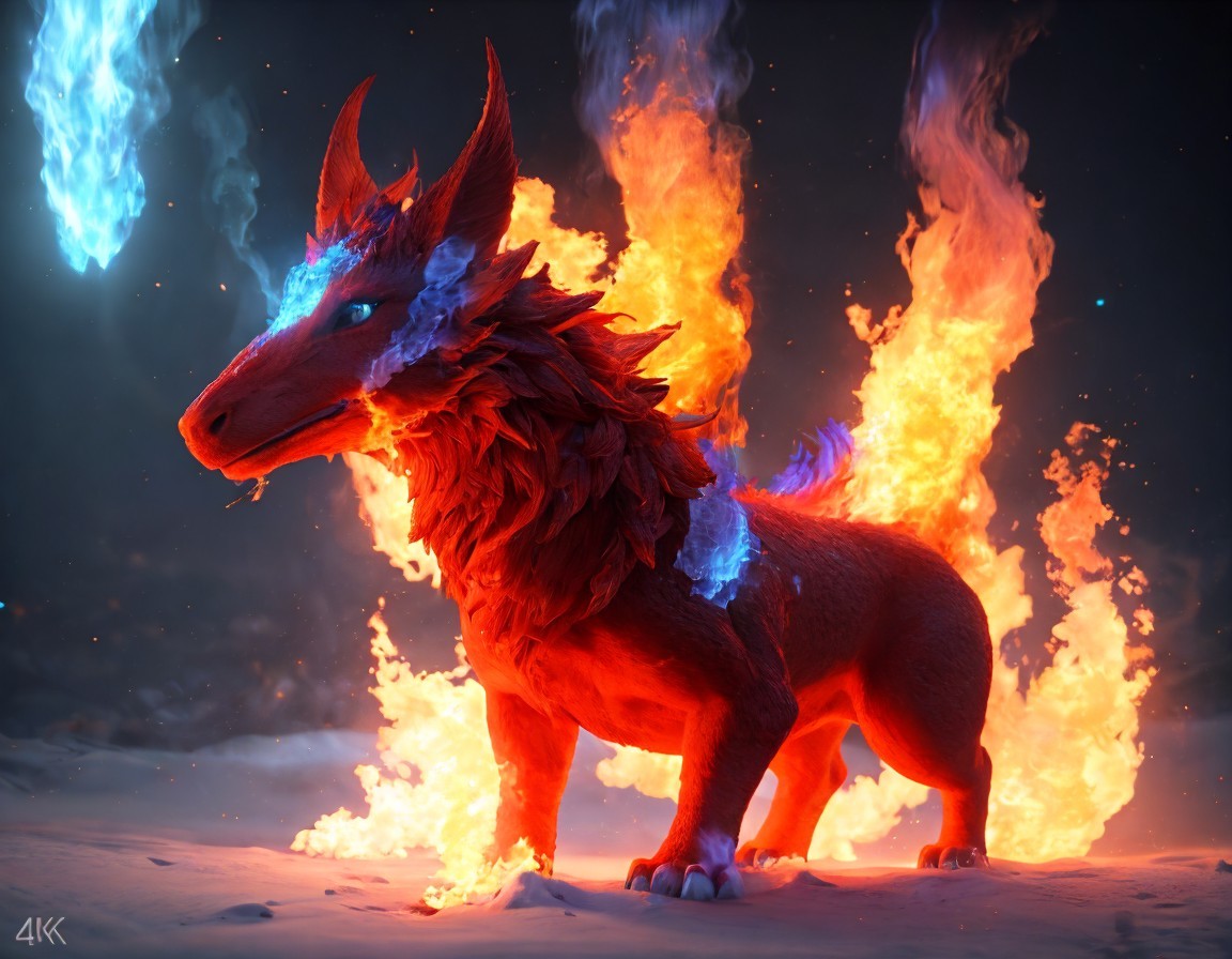Red Dragon with Blue Glowing Eyes and Crystalline Spikes
