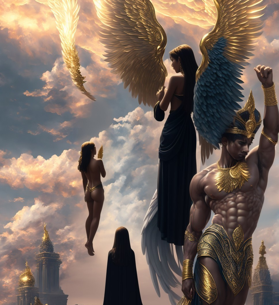 Three angelic figures with large wings in various attire against a cloud-filled sky