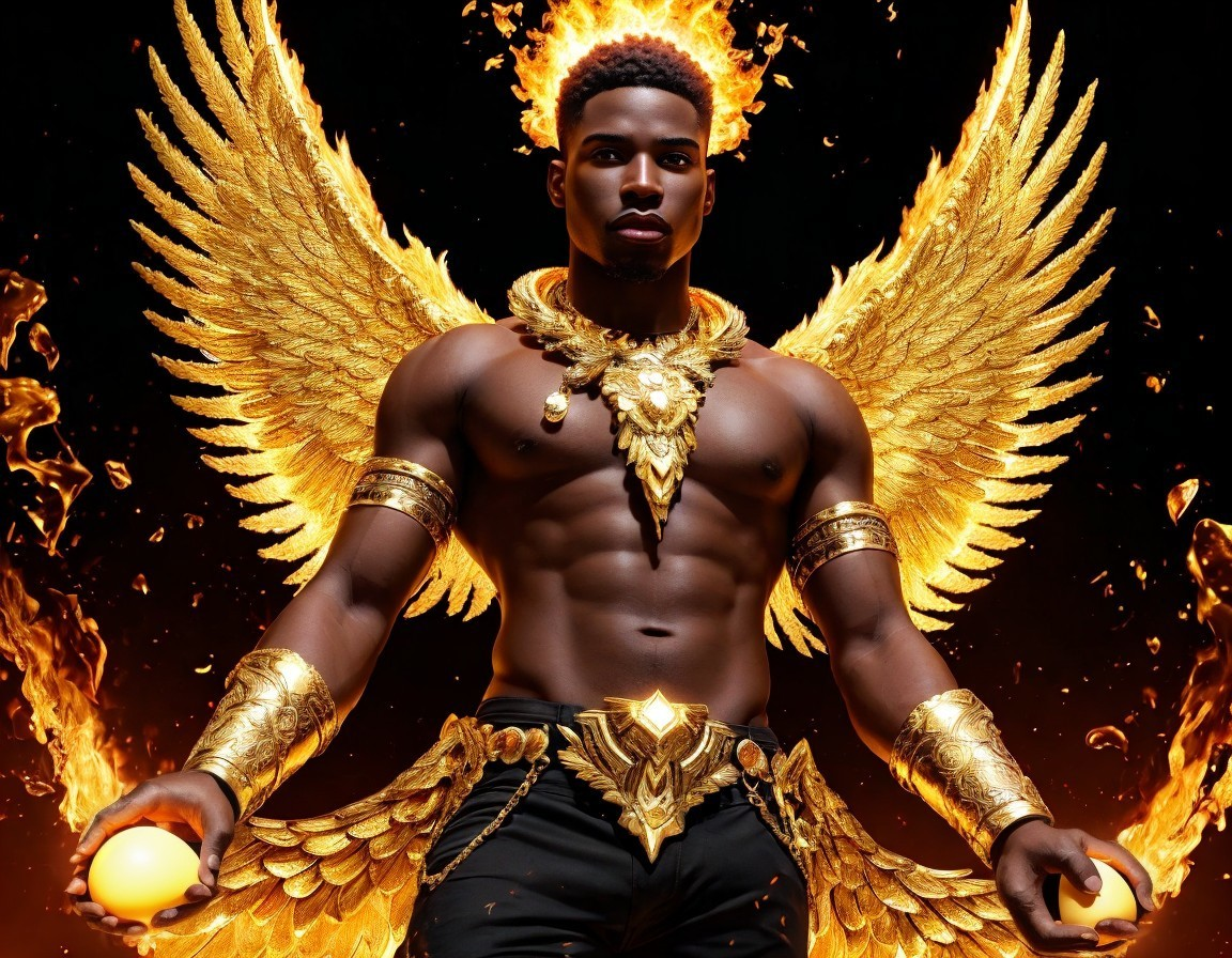 Golden-winged figure in ornate armor with glowing orb emanates divine power