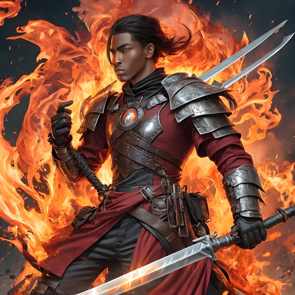 Fantasy warrior digital art: long-haired warrior with sword in fiery backdrop