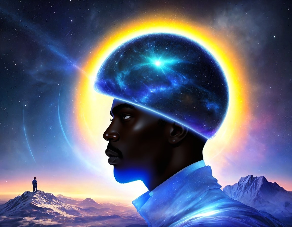 Digital artwork: Man's profile with cosmic brain, aurora halo, tiny figure on mountain under star