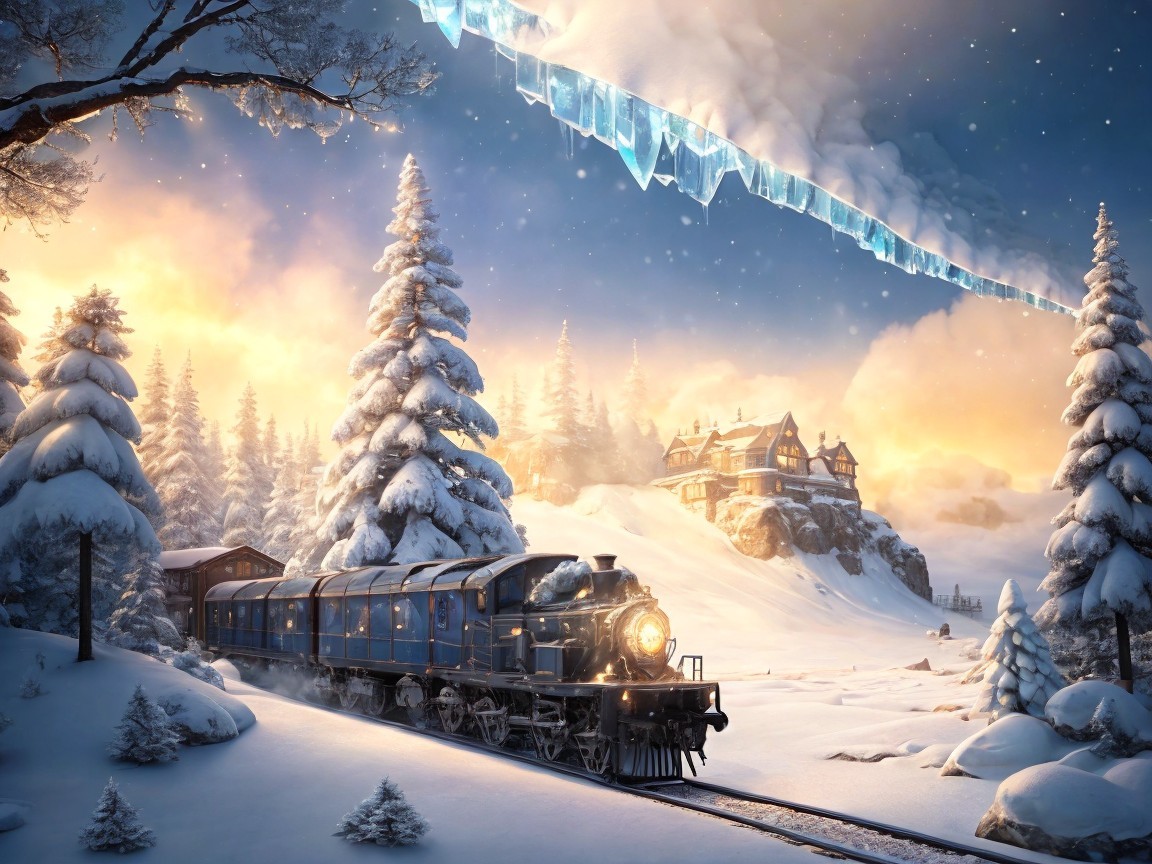 Vintage Steam Locomotive in Winter Landscape Scene