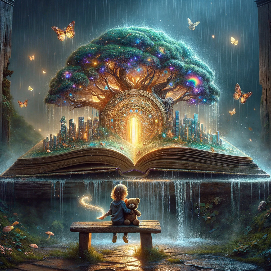 Child with Teddy Bear in Enchanted Book Scene