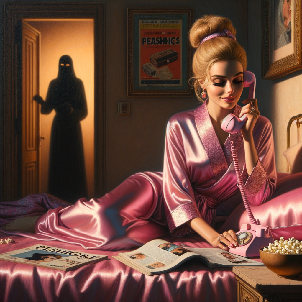 Glamorous Woman in Pink Robe on Bed with Shadows