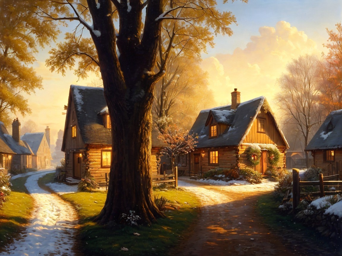 Winter Cottages in a Serene Snowy Landscape