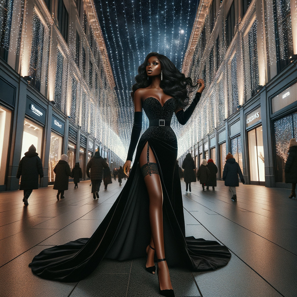 Elegant Black Gown on a Festively Lit Street