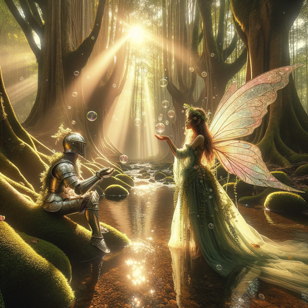 Knight and Fairy in a Magical Forest Scene
