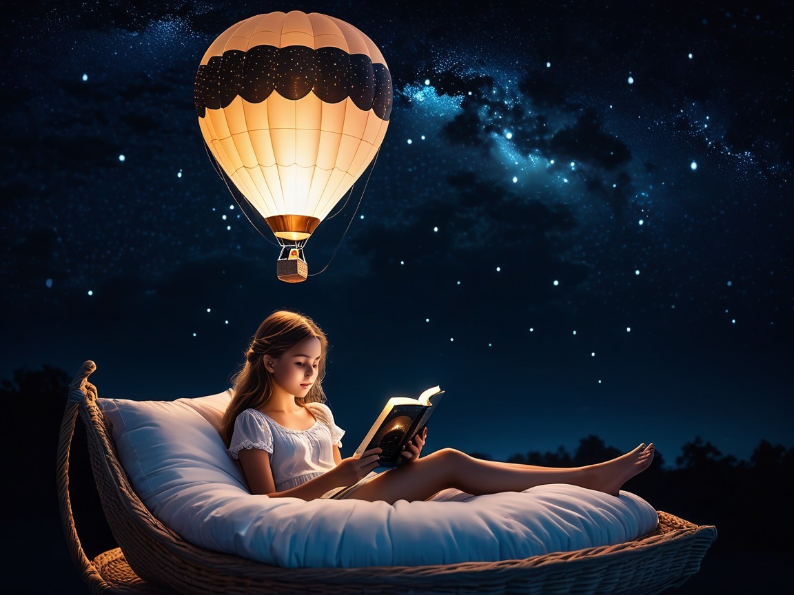 Young girl reading on a wicker bed under stars