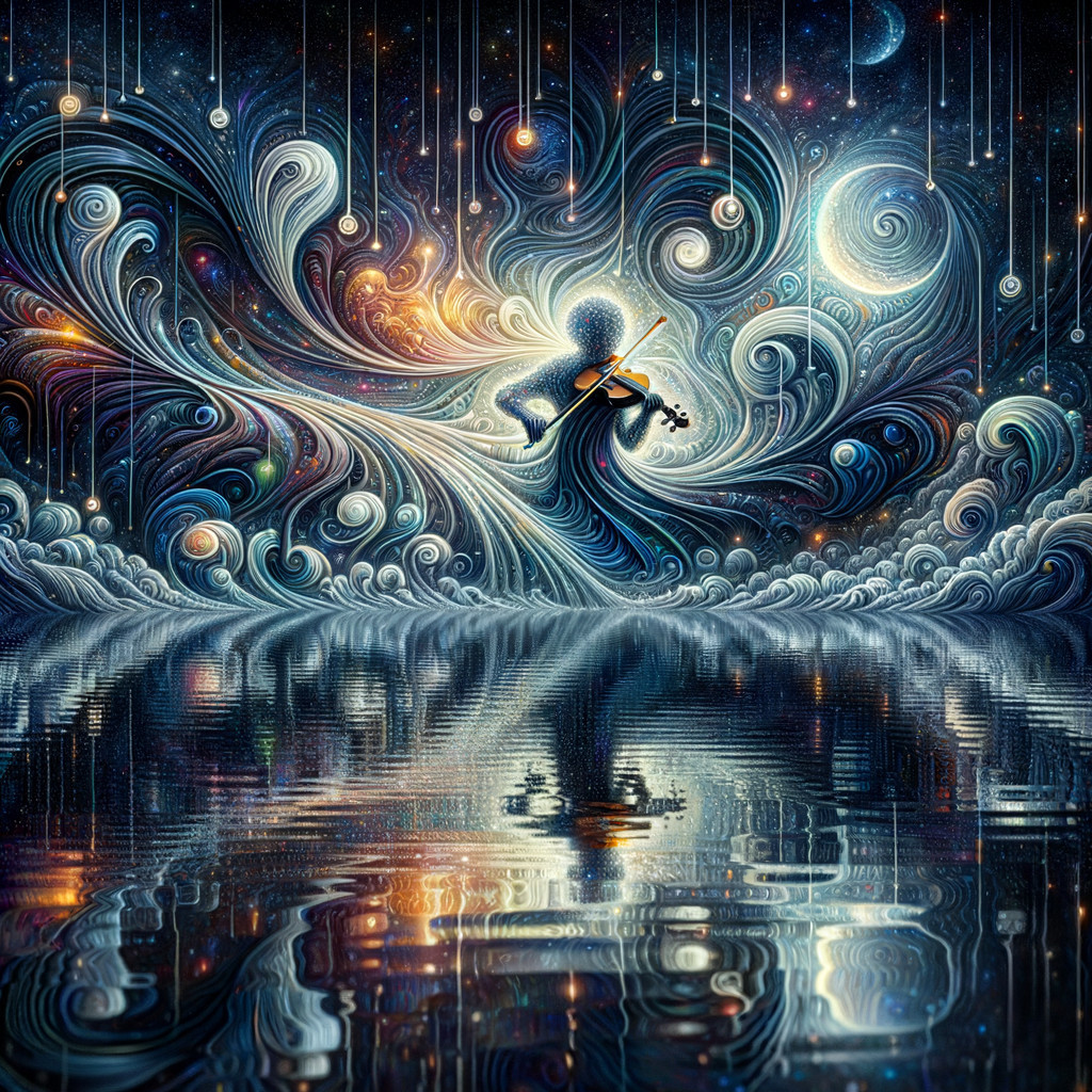 Surreal Scene of Violinist in Cosmic Patterns