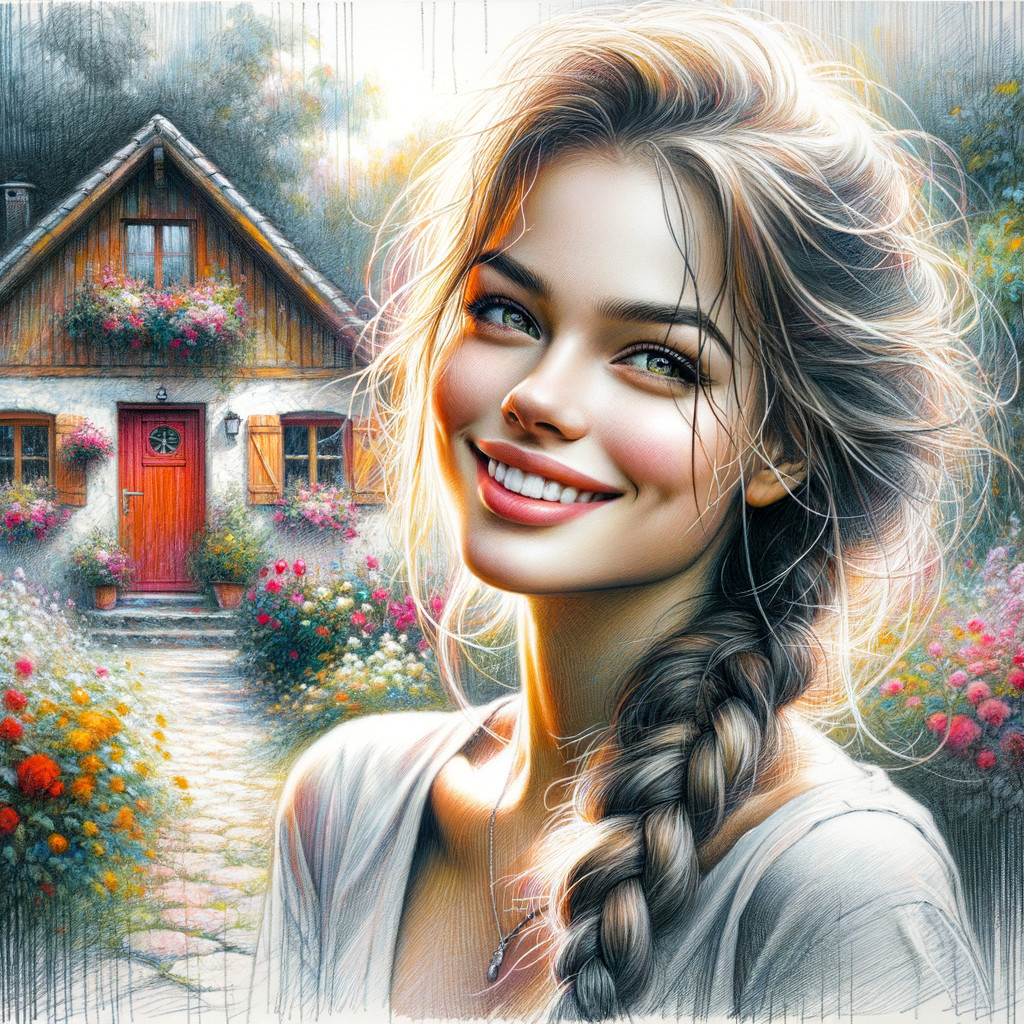 Cheerful young woman by a charming flower-filled cottage
