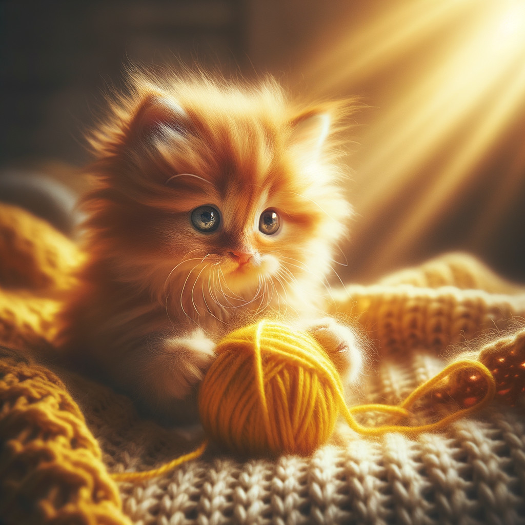 Fluffy orange kitten with blue eyes on knitted blanket