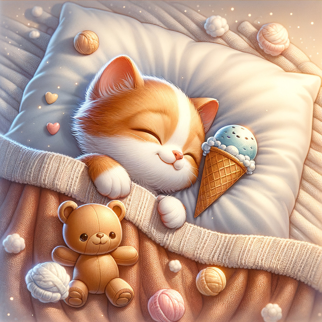 Fluffy Orange and White Kitten Sleeping with Toys