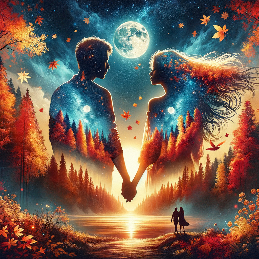Autumn Landscape with Silhouetted Figures and Galaxies