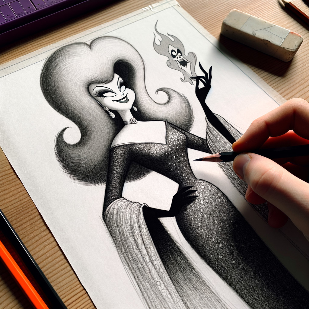 Digital Drawing of Morticia Addams with Ghost Element