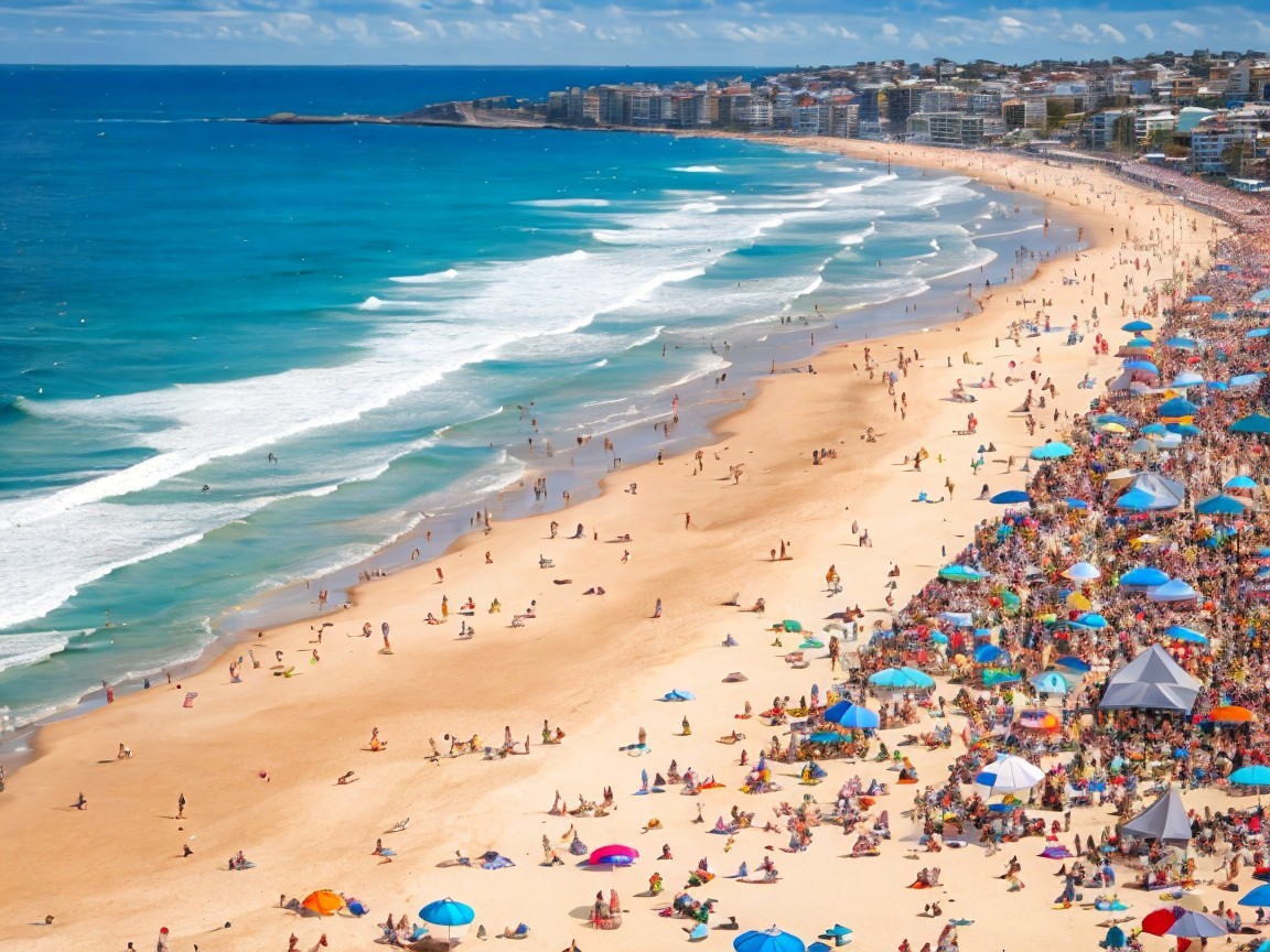 Vibrant Beach Scene with Colorful Umbrellas and Crowds