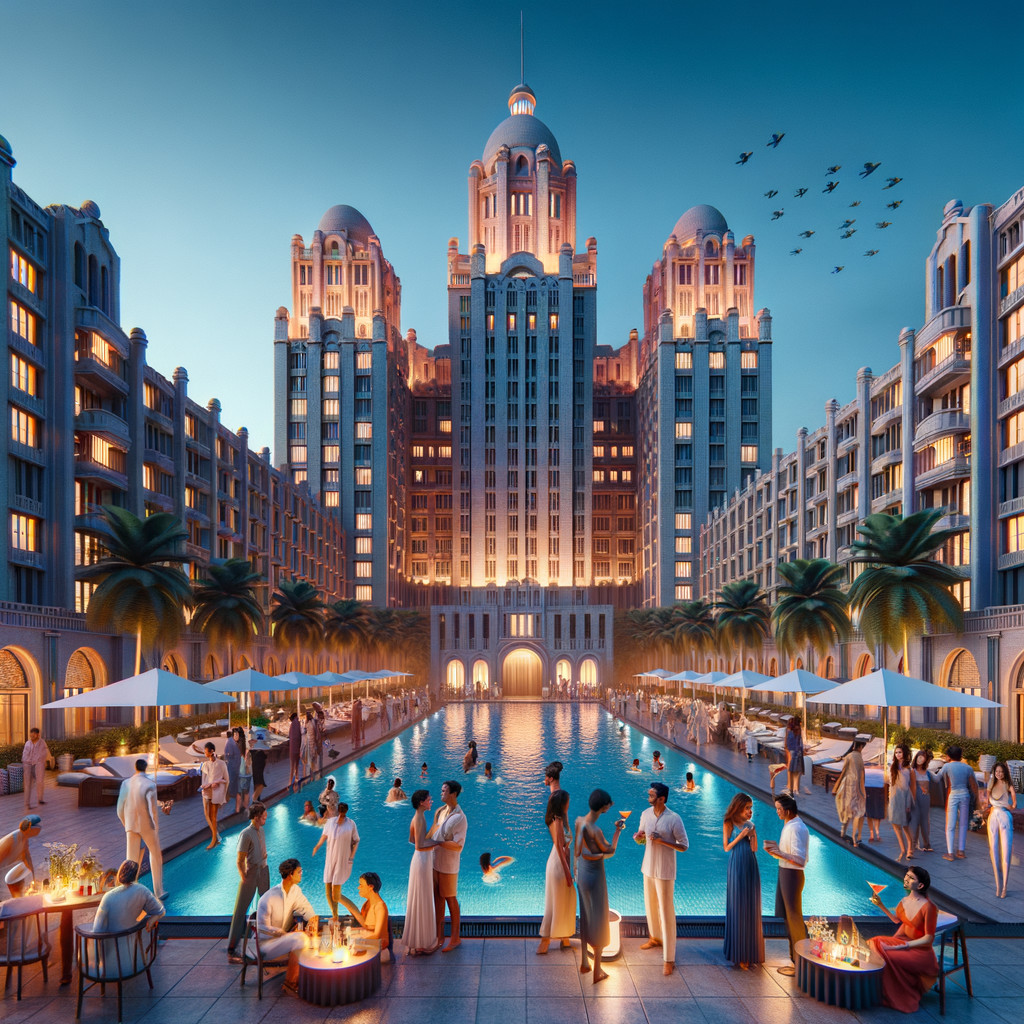 Elegant Art-Deco Resort Scene at Dusk with Pool