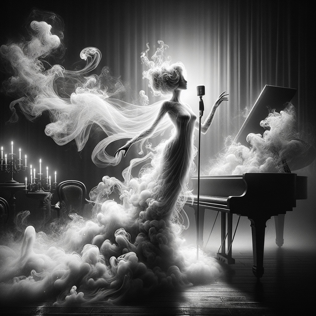 Mystical Figure Near Grand Piano in Dreamlike Setting