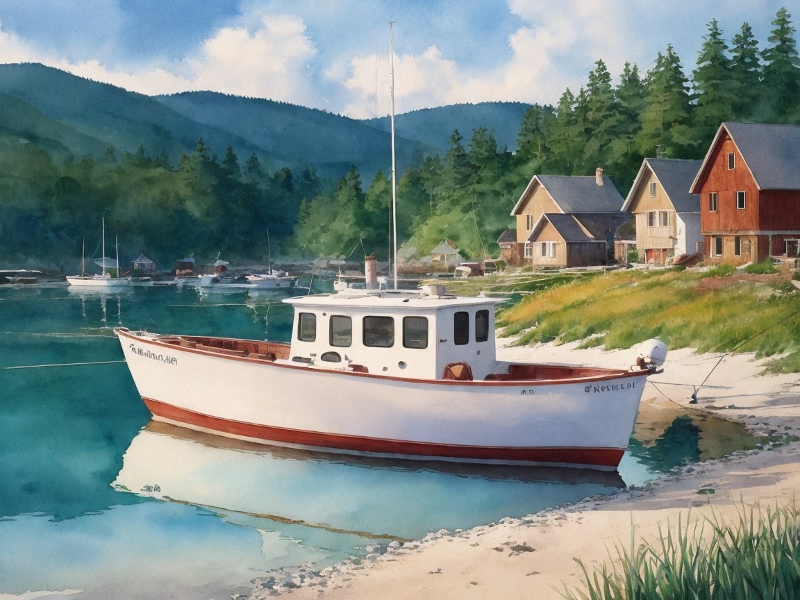 Coastal Scene with Fishing Boat and Sandy Shoreline