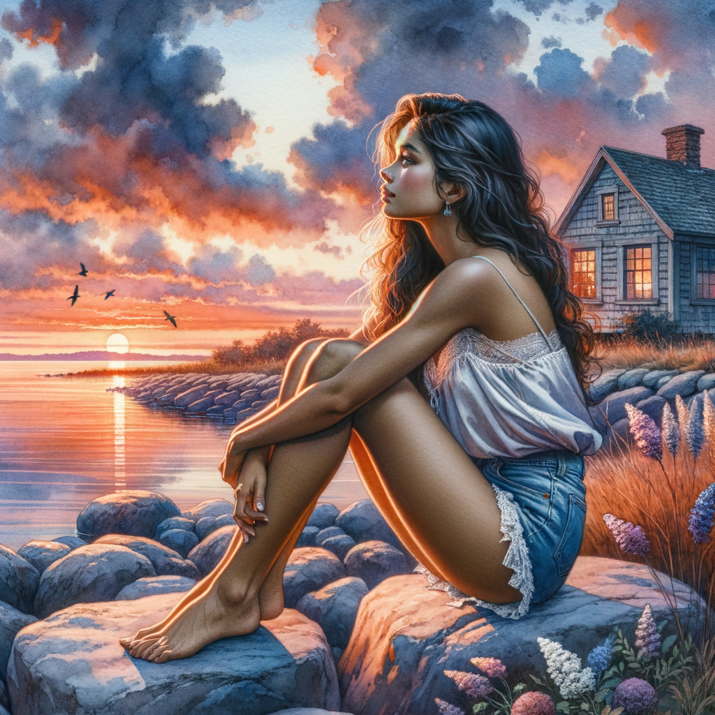 Serene sunset over calm waters with a woman by shore