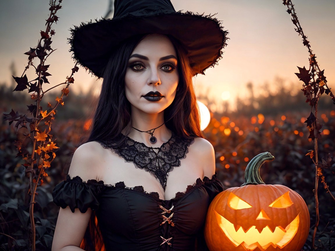 Witch in Pumpkin Patch at Dusk with Carved Pumpkin