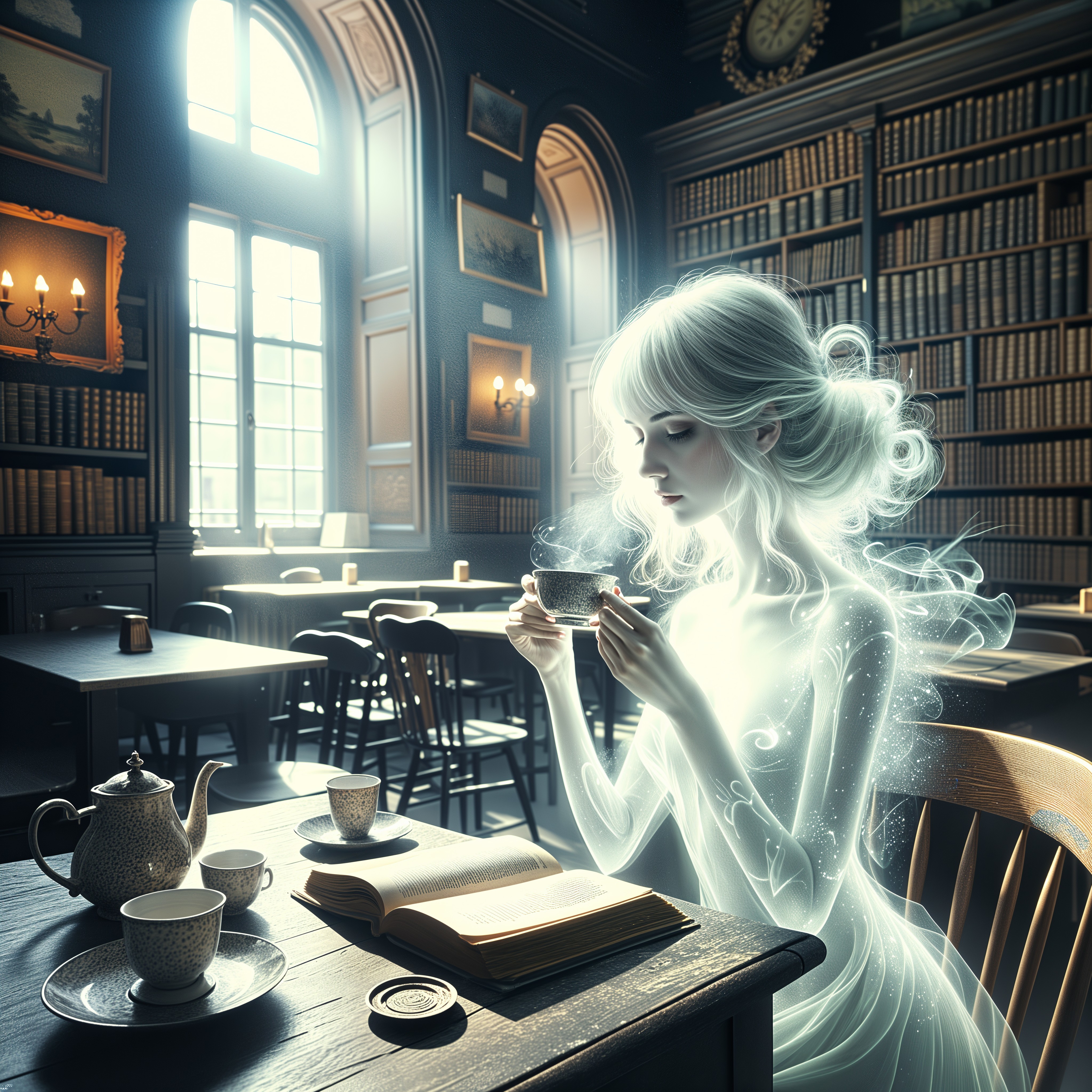 Ethereal Portrait of a Translucent Young Woman in Library