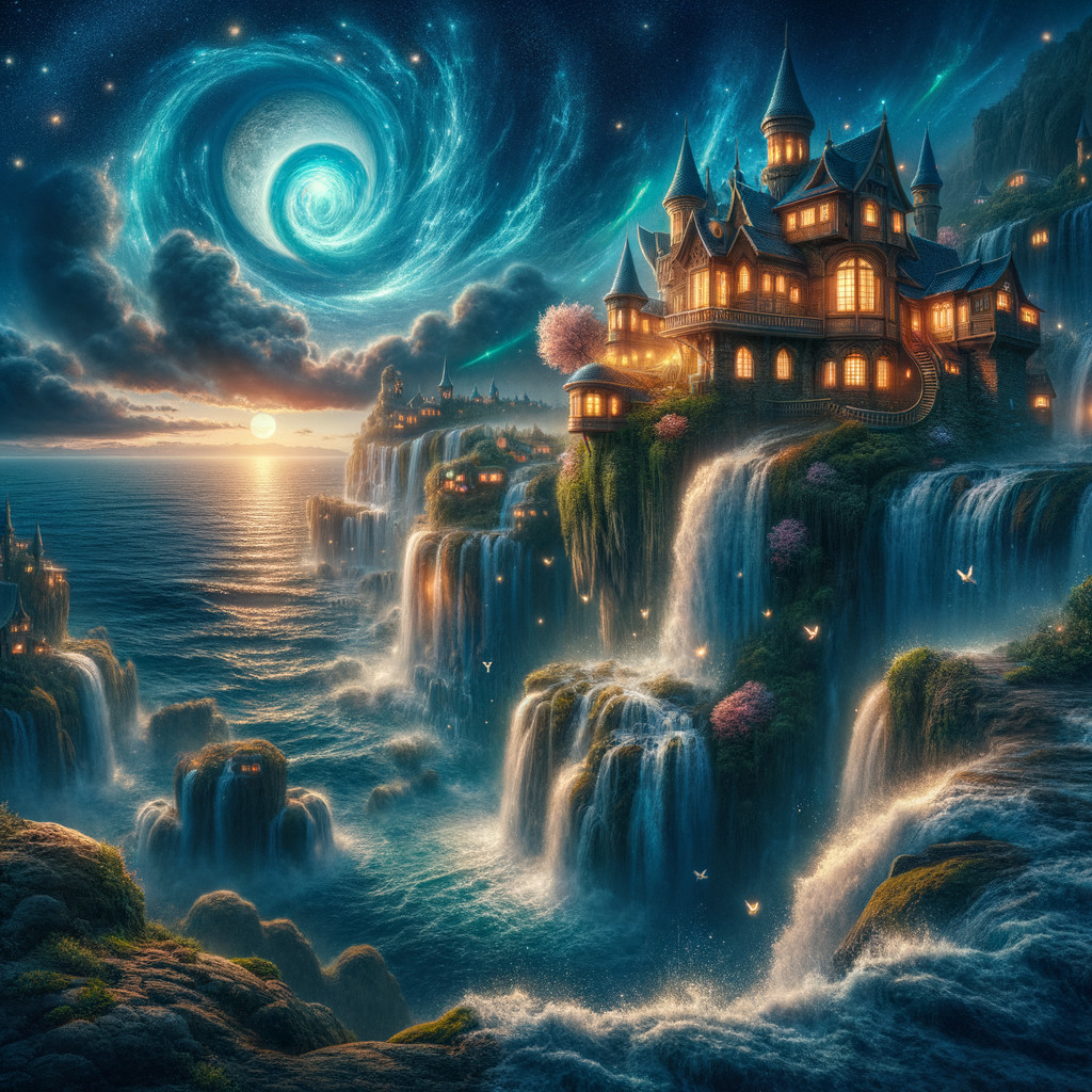 Majestic castle on cliffs with waterfalls and galaxies